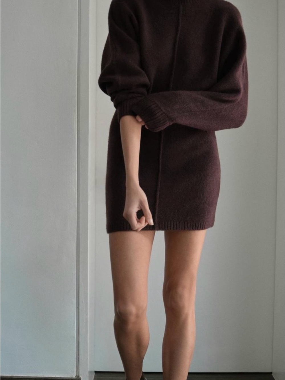 Zara Chocolate Brown Knit Mock Neck Mini Sweater Dress